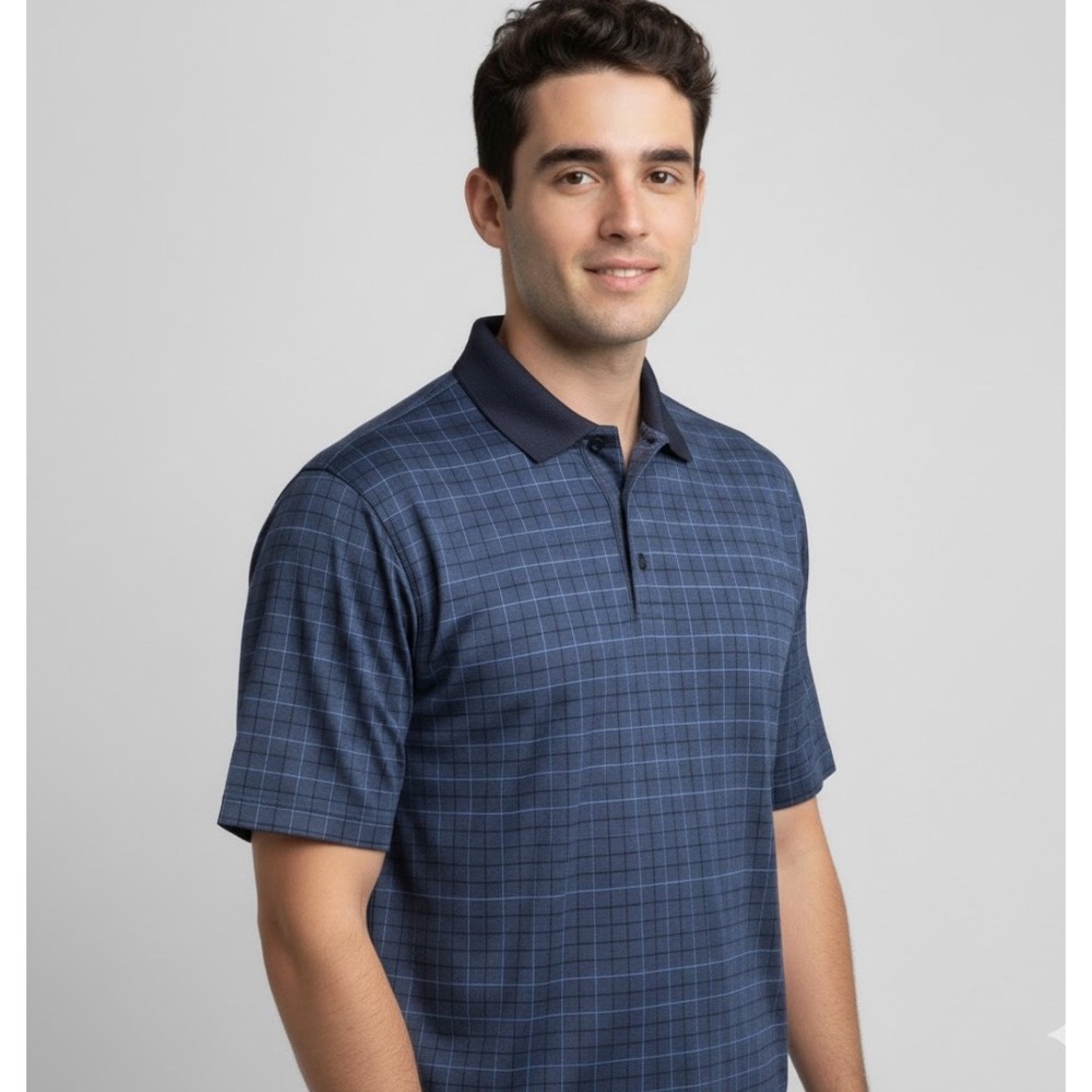Geoffrey Beene Mens 2XL Blue Checkered Short Sleeve Polo Shirt Golf Casual